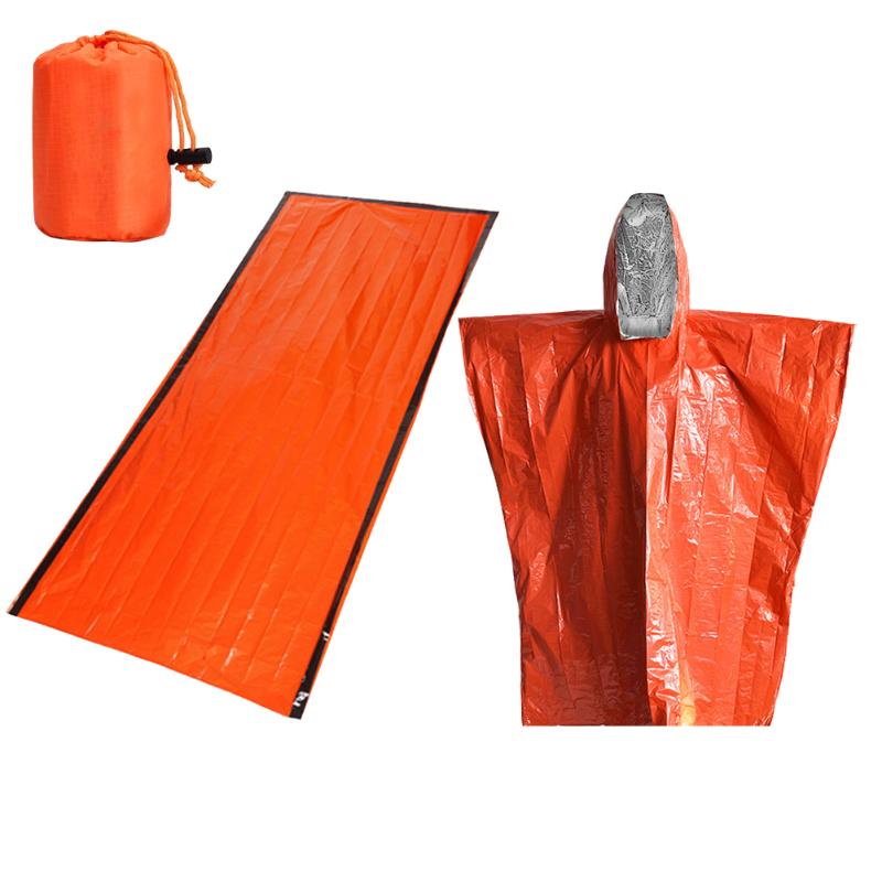 Disposable PE Aluminum Film Survival Rescue Raincoat Orange First Aid Blanket Sleep Bags for Outdoor Adventure Camping-ebowsos