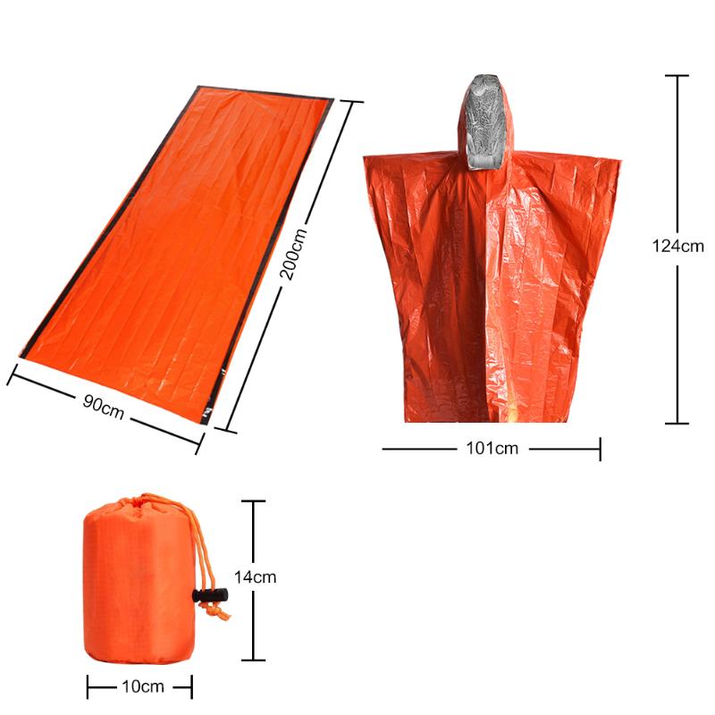 Disposable PE Aluminum Film Survival Rescue Raincoat Orange First Aid Blanket Sleep Bags for Outdoor Adventure Camping-ebowsos