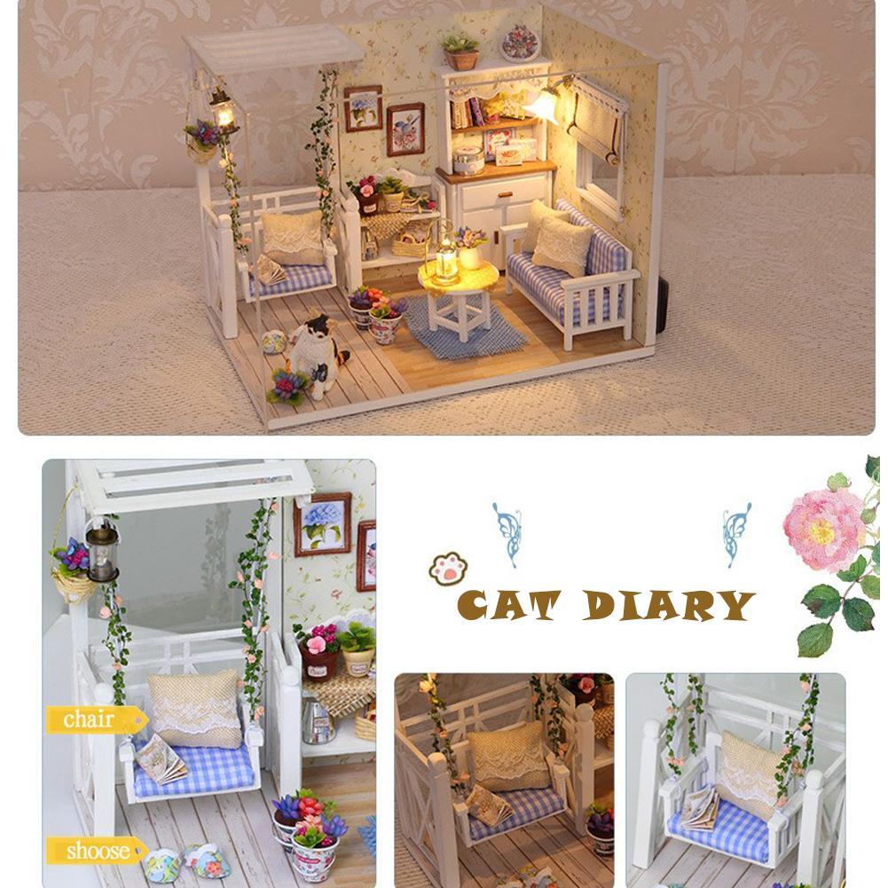Doll House Furniture Diy Miniature Dust Cover 3D Wooden Miniaturas Dollhouse Toys for Children Birthday Gifts Kitten Diary-ebowsos