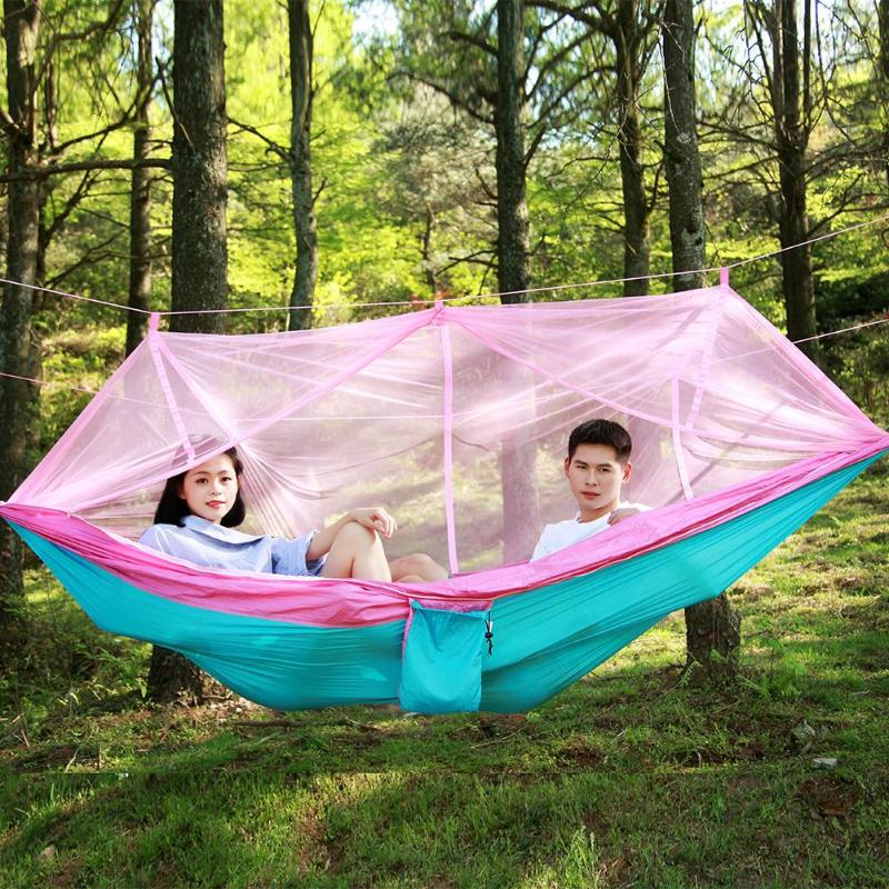 Double Person Hammock with Mosquito Net Outdoor Portable Nylon Parachute Camping Leisure Indoor Outdoor Camping Hanging Swing-ebowsos