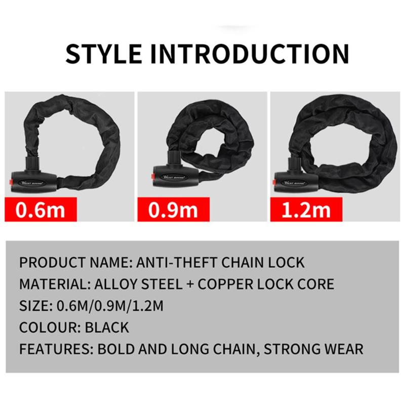 Durable Bicycle Lock Delicate Texture WEST BIKING MTB Anti-theft Security Reinforced Chain Lock Cycling Equipment-ebowsos