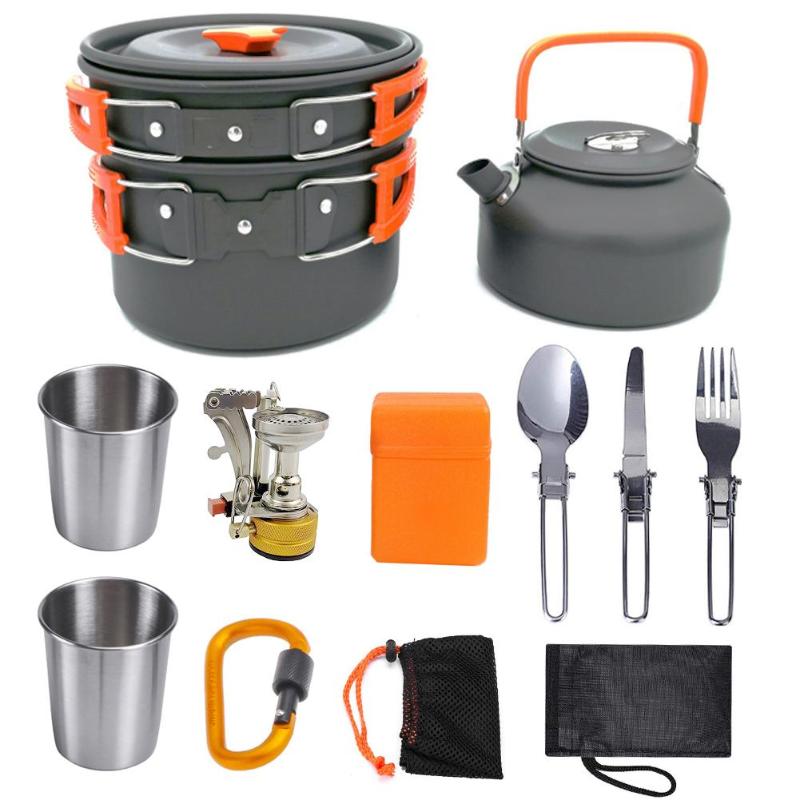 Durable Outdoor Tableware Classic Delicate Outdoor Cooking Pan Fry Pan Kettle Fork Spoon Water Cup Kit for Camping Picnic-ebowsos