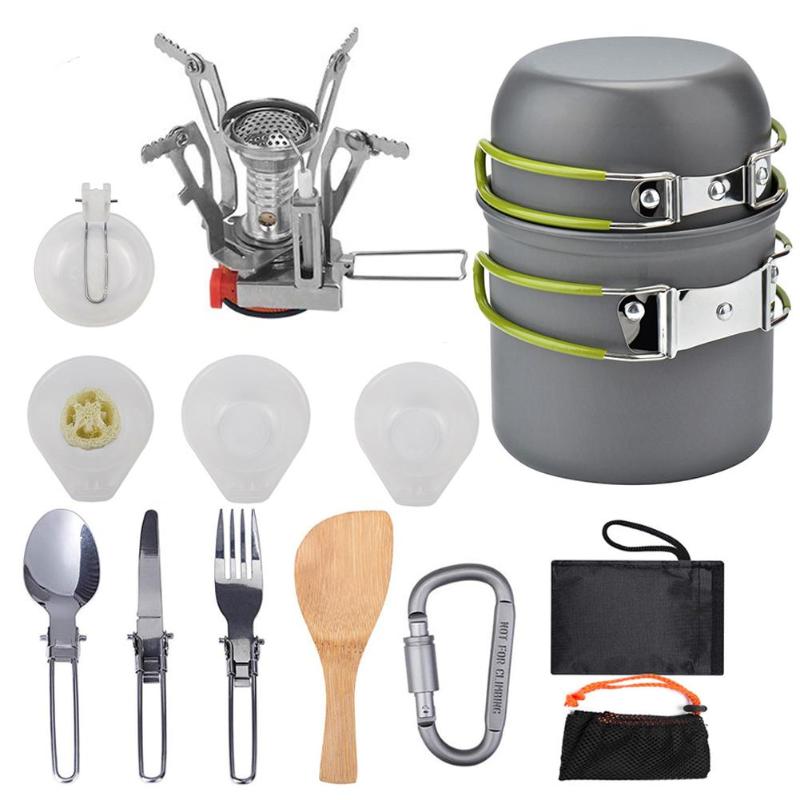 Durable Outdoor Tableware Wear-resistant Outdoor Camping Cookware Pot+Fork+Spoon+Table Knife+Fork+Stove Picnic Tools-ebowsos