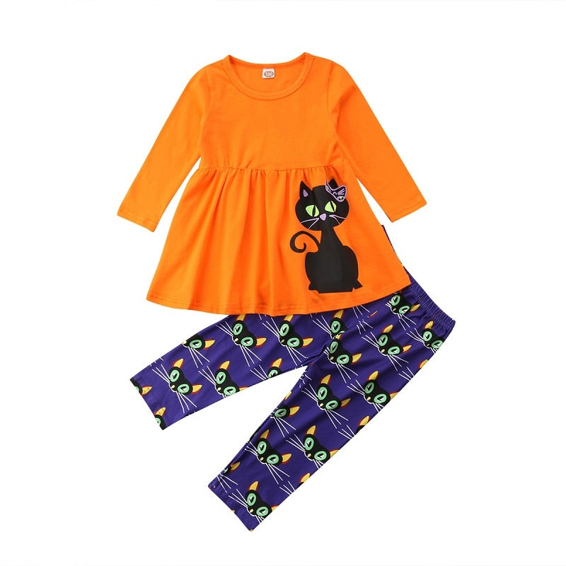 2PCS Sets Toddler Kid Child Baby Girl Clothes T-shirt Top Pant Cat 2-7T Autumn Girls Clothing - ebowsos