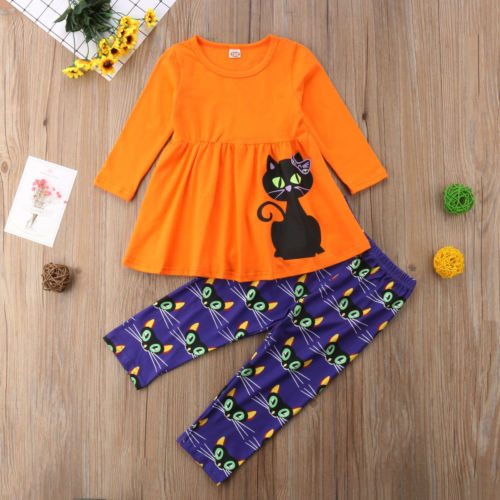 2PCS Sets Toddler Kid Child Baby Girl Clothes T-shirt Top Pant Cat 2-7T Autumn Girls Clothing - ebowsos