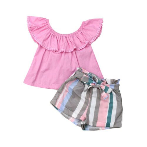 Baby Girl Clothes Set Summer Pink Top Ruffle T-shirt Striped Shorts Outfit 2Pcs Cotton Costume Clothing - ebowsos