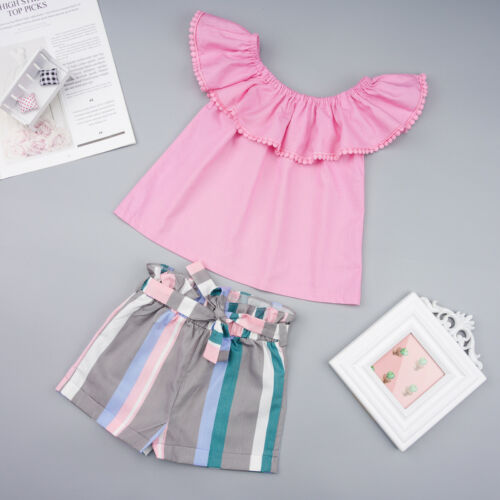 Baby Girl Clothes Set Summer Pink Top Ruffle T-shirt Striped Shorts Outfit 2Pcs Cotton Costume Clothing - ebowsos