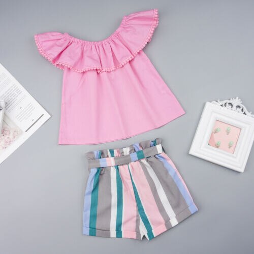 Baby Girl Clothes Set Summer Pink Top Ruffle T-shirt Striped Shorts Outfit 2Pcs Cotton Costume Clothing - ebowsos