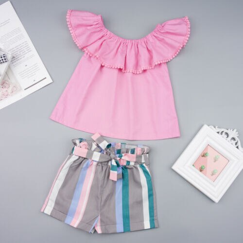 Baby Girl Clothes Set Summer Pink Top Ruffle T-shirt Striped Shorts Outfit 2Pcs Cotton Costume Clothing - ebowsos