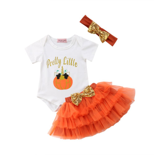 Baby Girl Romper Kid Tutu Skirt Headband Outfit Halloween Casual Clothes 3pcs - ebowsos