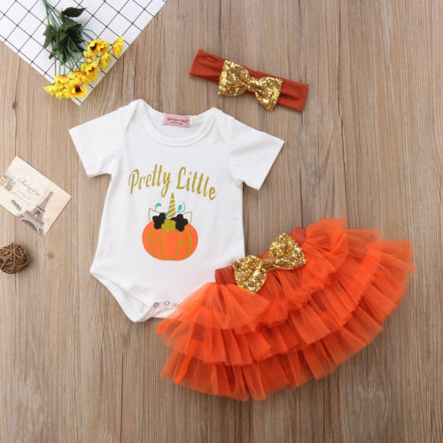 Baby Girl Romper Kid Tutu Skirt Headband Outfit Halloween Casual Clothes 3pcs - ebowsos