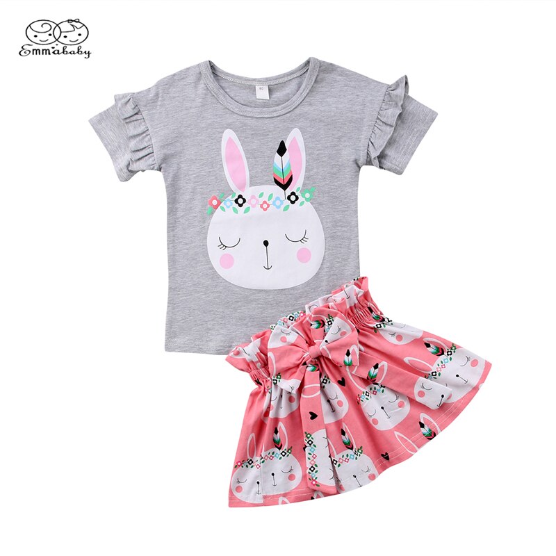 Child Kid Baby Girls Bunny Clothes Cartoon Short Sleeves T shirt Top+Floral skirts 2Pcs Set Cute Girls Costumes Easter - ebowsos