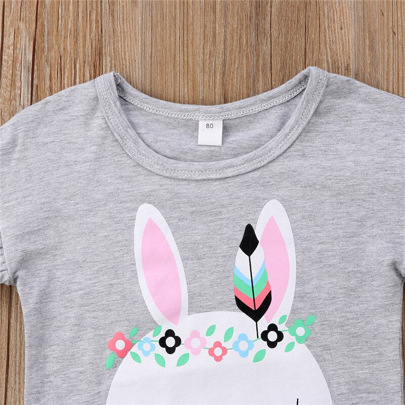 Child Kid Baby Girls Bunny Clothes Cartoon Short Sleeves T shirt Top+Floral skirts 2Pcs Set Cute Girls Costumes Easter - ebowsos