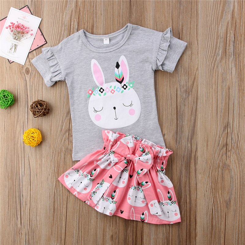 Child Kid Baby Girls Bunny Clothes Cartoon Short Sleeves T shirt Top+Floral skirts 2Pcs Set Cute Girls Costumes Easter - ebowsos