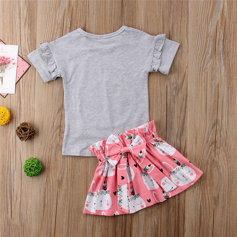 Child Kid Baby Girls Bunny Clothes Cartoon Short Sleeves T shirt Top+Floral skirts 2Pcs Set Cute Girls Costumes Easter - ebowsos