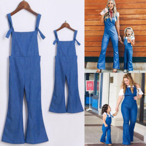 Fashion Mother Daughter Matching Jumpsuit Ladies Kids Girls Casual Solid Denim Overalls Slim Pants Outfits - ebowsos