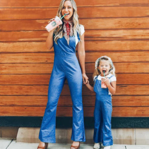 Fashion Mother Daughter Matching Jumpsuit Ladies Kids Girls Casual Solid Denim Overalls Slim Pants Outfits - ebowsos