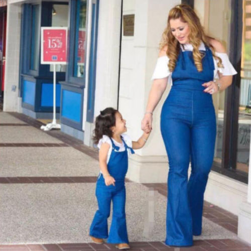 Fashion Mother Daughter Matching Jumpsuit Ladies Kids Girls Casual Solid Denim Overalls Slim Pants Outfits - ebowsos