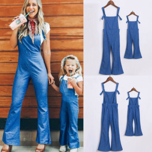 Fashion Mother Daughter Matching Jumpsuit Ladies Kids Girls Casual Solid Denim Overalls Slim Pants Outfits - ebowsos