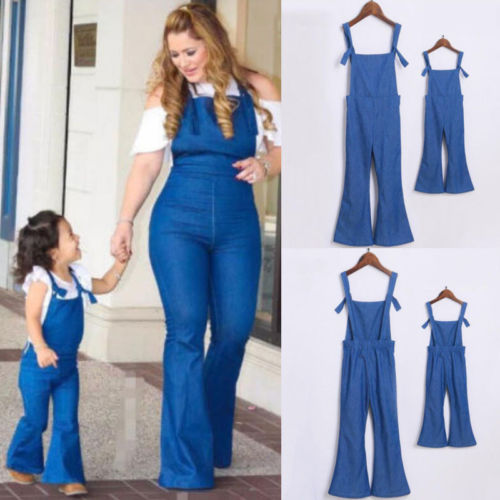 Fashion Mother Daughter Matching Jumpsuit Ladies Kids Girls Casual Solid Denim Overalls Slim Pants Outfits - ebowsos