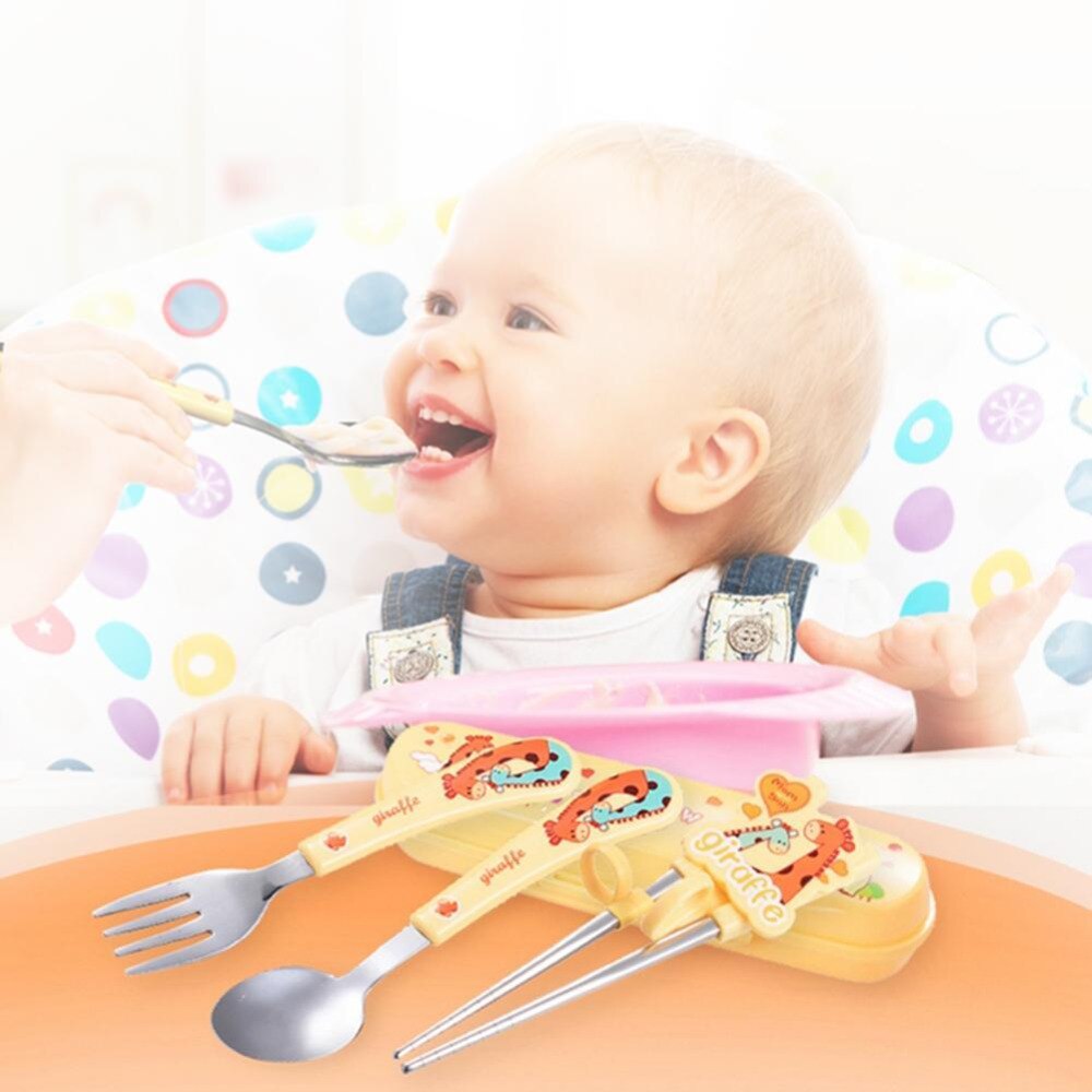 Baby Dishes Stainless Steel Fork Spoon Portable Box Set Cartoon Baby Food Supplement Training Tableware Children Tools-ebowsos