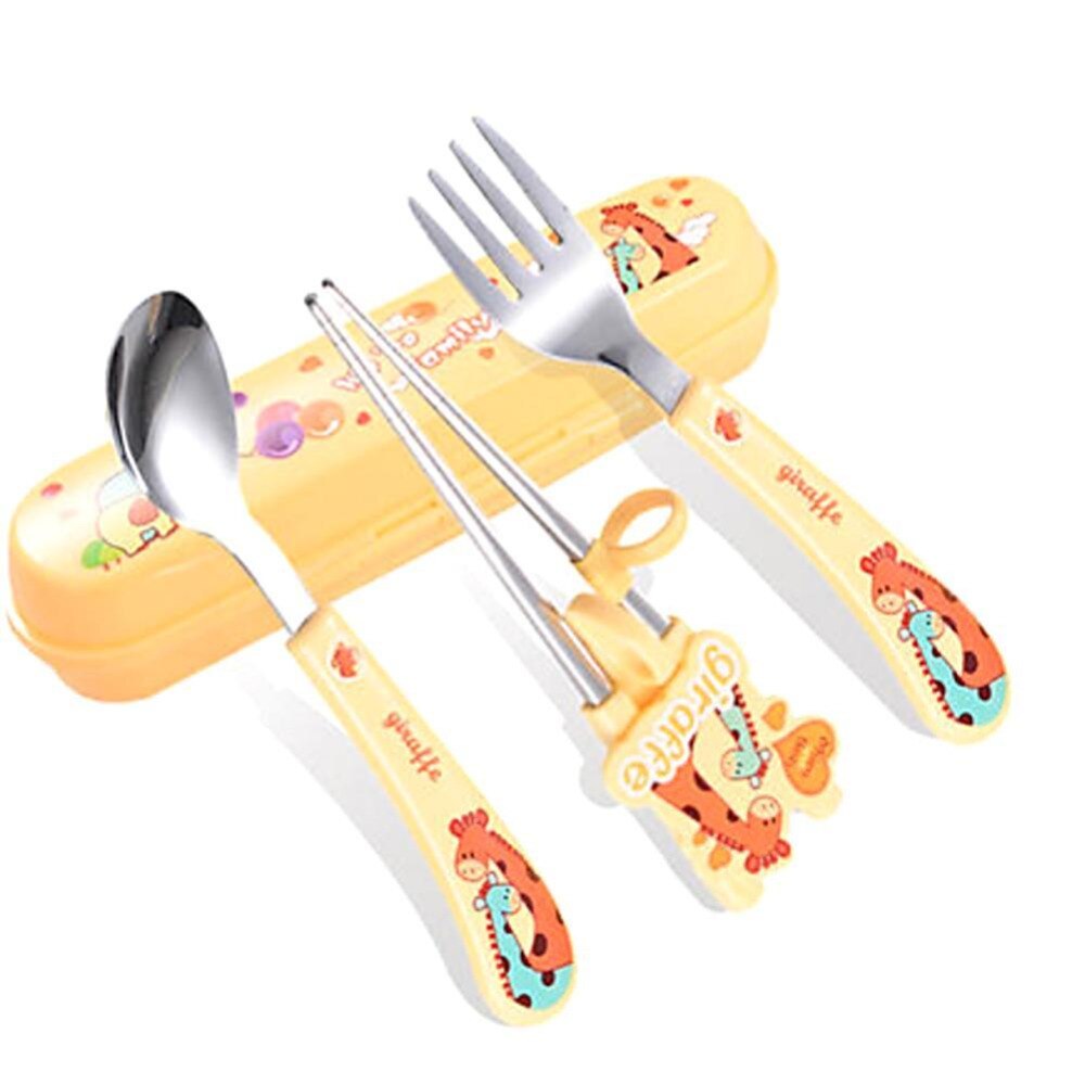 Baby Dishes Stainless Steel Fork Spoon Portable Box Set Cartoon Baby Food Supplement Training Tableware Children Tools-ebowsos