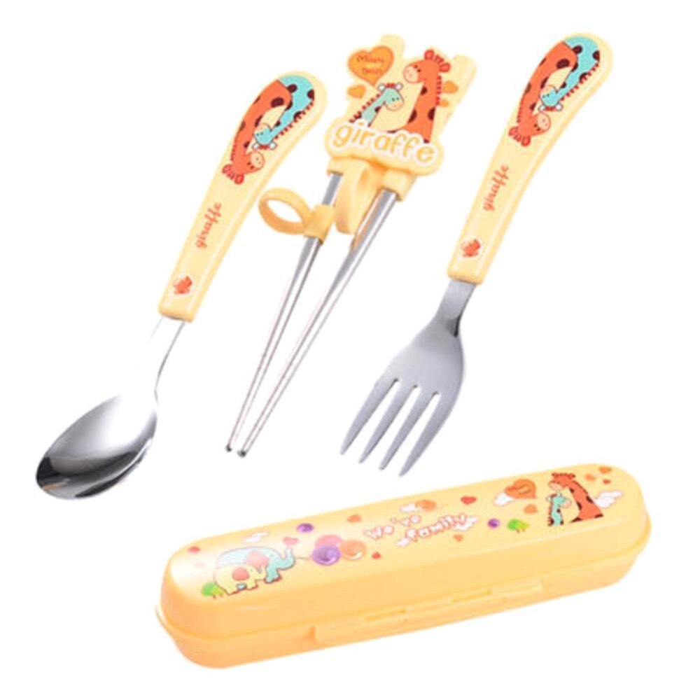 Baby Dishes Stainless Steel Fork Spoon Portable Box Set Cartoon Baby Food Supplement Training Tableware Children Tools-ebowsos