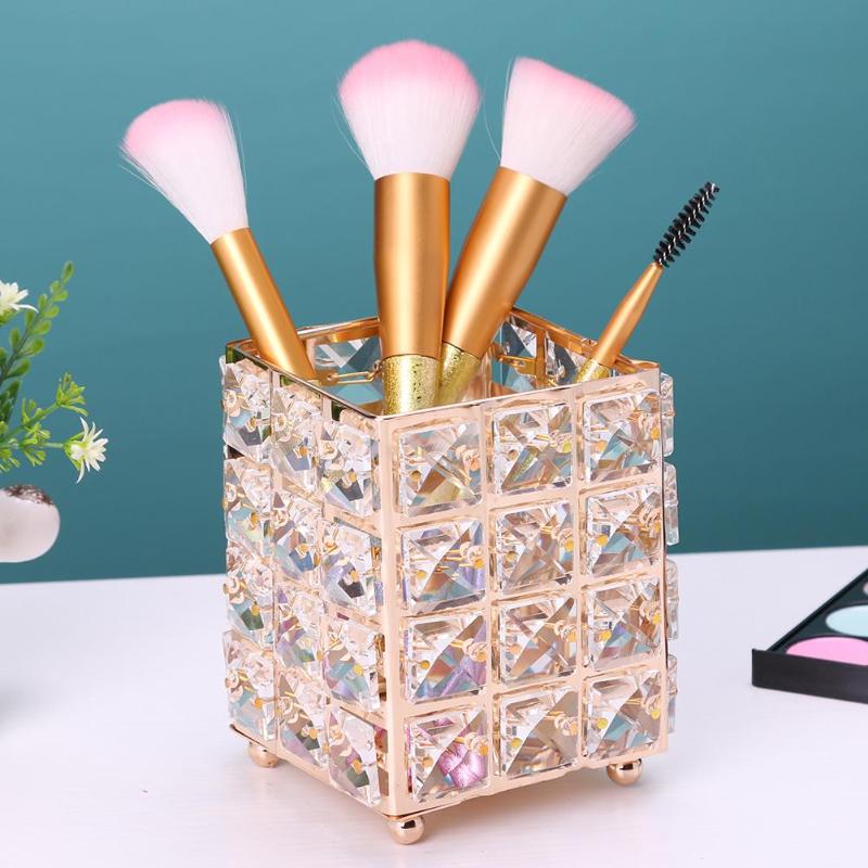 European Elegant Metal Crystal Makeup Brushes Storage Tube Eyebrow Pencil Cosmetic Pens Holder Desktop Jewelry Box Organizer - ebowsos