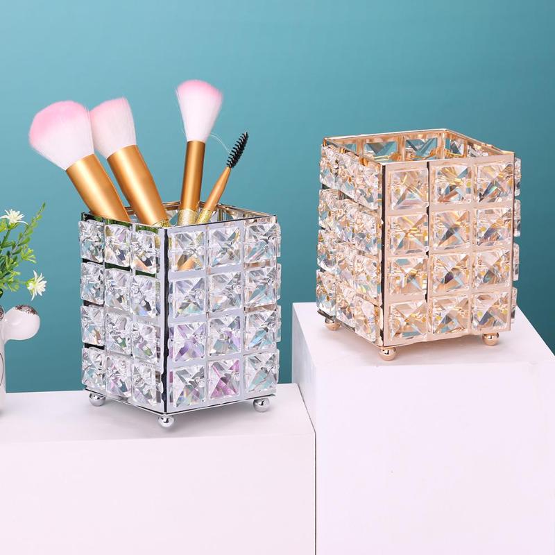 European Elegant Metal Crystal Makeup Brushes Storage Tube Eyebrow Pencil Cosmetic Pens Holder Desktop Jewelry Box Organizer - ebowsos