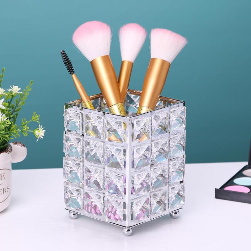 European Elegant Metal Crystal Makeup Brushes Storage Tube Eyebrow Pencil Cosmetic Pens Holder Desktop Jewelry Box Organizer - ebowsos