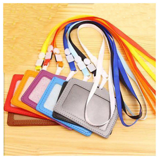 10Pcs PU Leather Pocket ID Card Pass Badge Holders Case With Neck Strap Lanyard, Horizontal - ebowsos