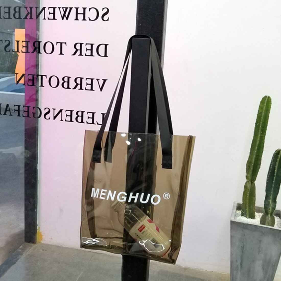 2018 fashion new PVC transparent letter "MENGHUO" jelly bag waterproof hand shoulder beach handbag - ebowsos