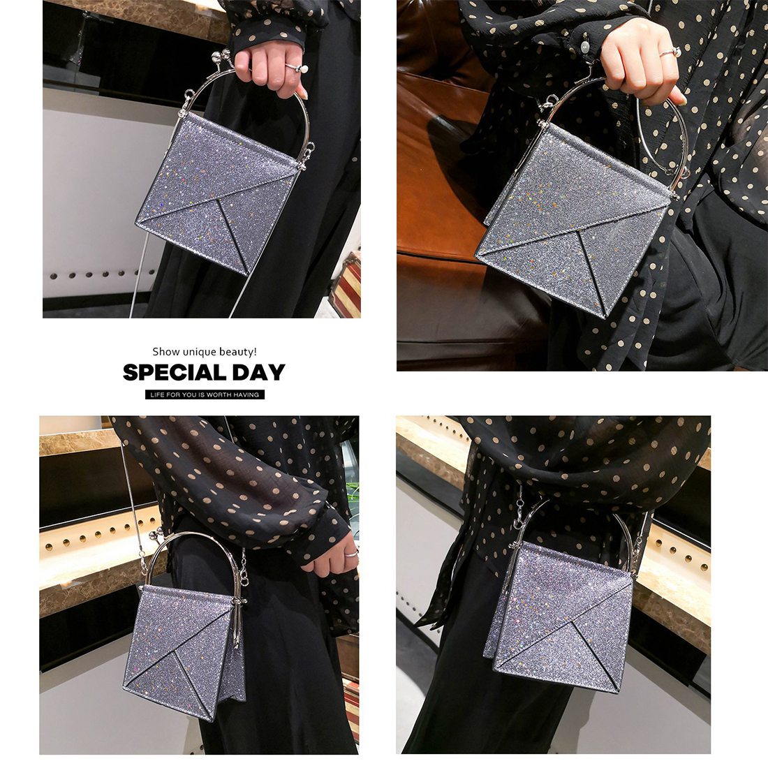 2018 new sequins female bag small square package fashion wild shoulder diagonal chain small square bag sequins diagonal h - ebowsos