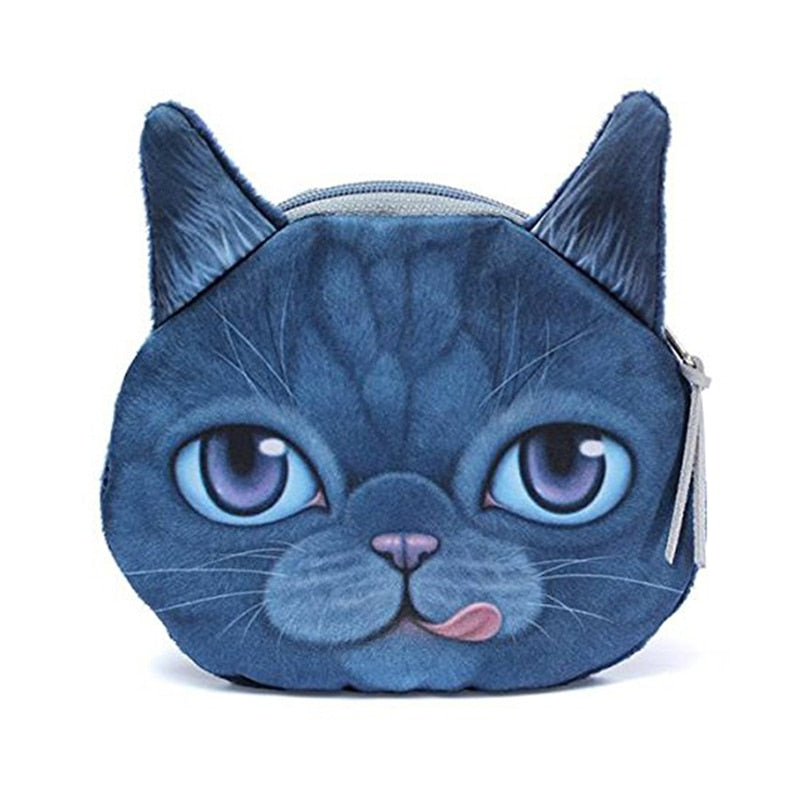 3D Cat Face Print Mini Coin Bag Wallet Pocket Women Purse Eye Zip Pouch Handbag Blue - ebowsos