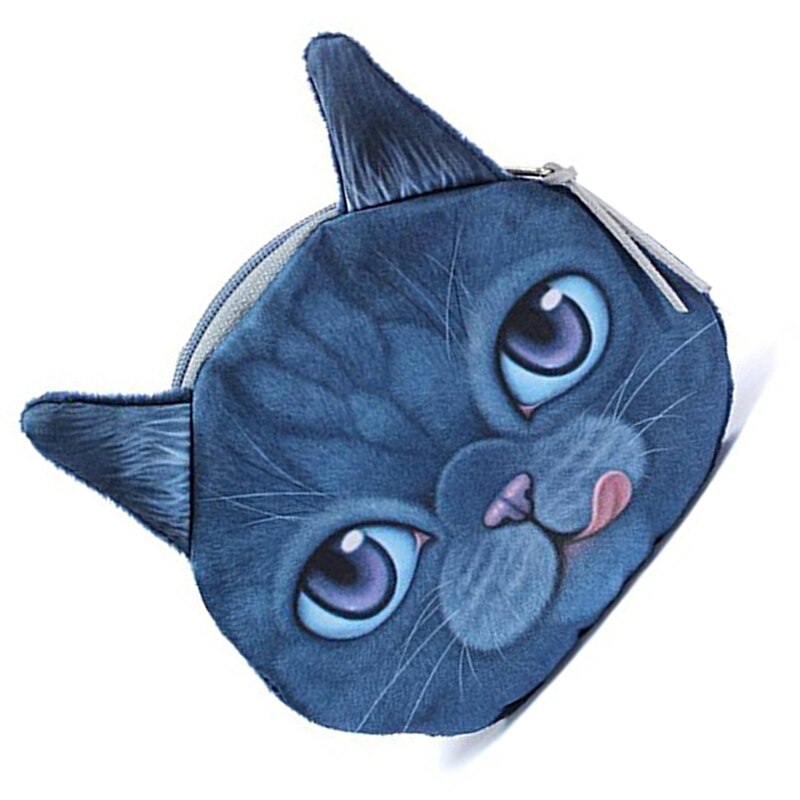 3D Cat Face Print Mini Coin Bag Wallet Pocket Women Purse Eye Zip Pouch Handbag Blue - ebowsos