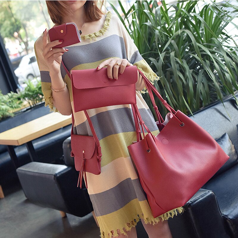 4Pcs Women Handbags Purse Shoulder Bags Casual Tassel Tote Bags(Red) - ebowsos