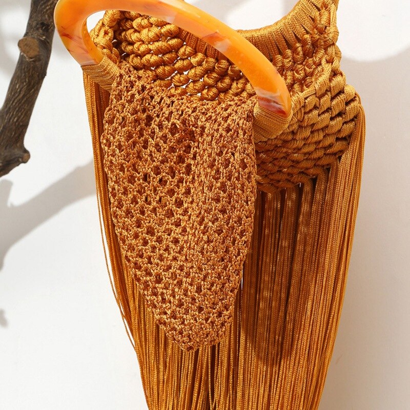 Acrylic Handle Women Tassel Body Handbags Handmade Weave Mesh Net Basket Female Ring Handle Tote Braided Summer Beach Bag - ebowsos