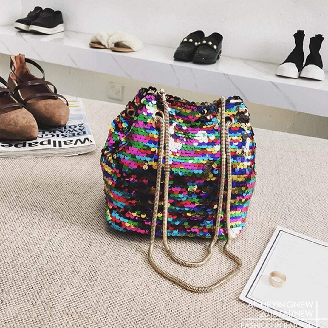 Bags Female Bling Sequins Bucket Bag Fashion Clip Shoulder Bag - ebowsos