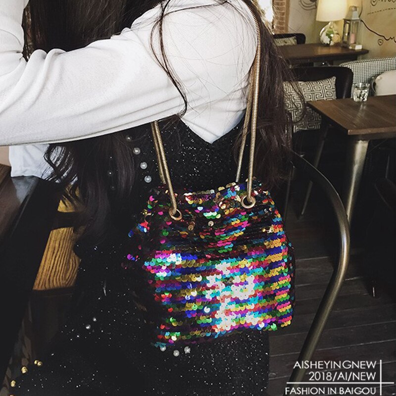 Bags Female Bling Sequins Bucket Bag Fashion Clip Shoulder Bag - ebowsos