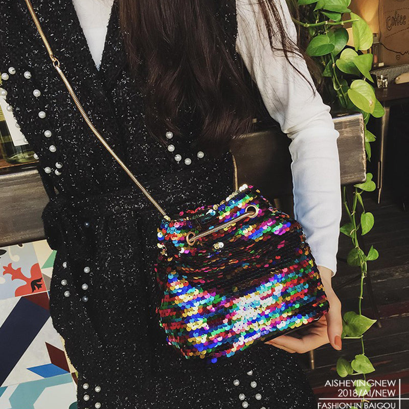 Bags Female Bling Sequins Bucket Bag Fashion Clip Shoulder Bag - ebowsos