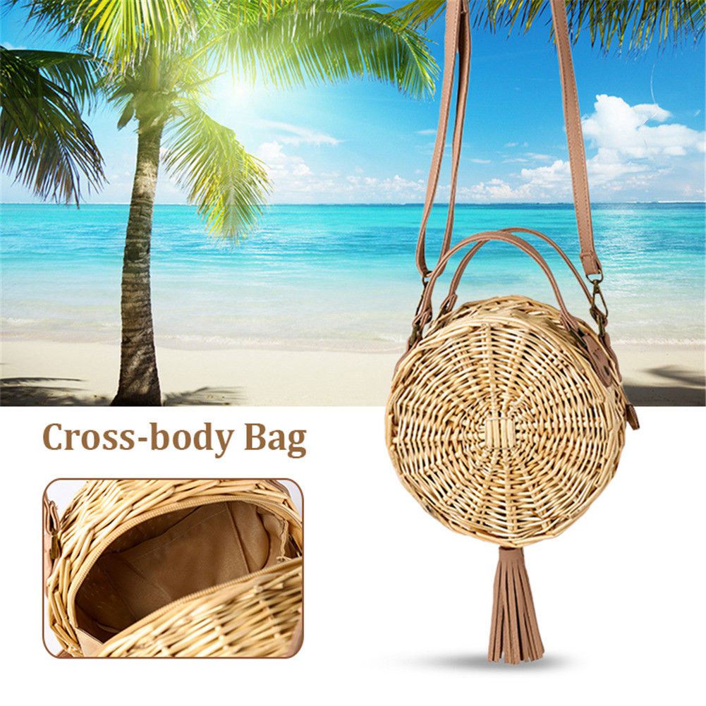 Beach Bag Round Handwoven Rattan Circle Women Bamboo Straw Satchel - ebowsos