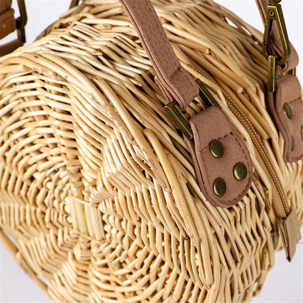 Beach Bag Round Handwoven Rattan Circle Women Bamboo Straw Satchel - ebowsos