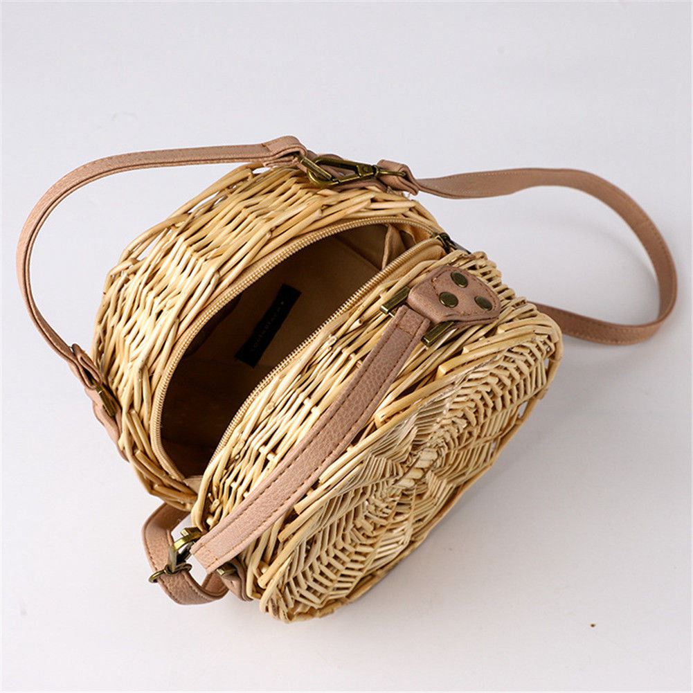 Beach Bag Round Handwoven Rattan Circle Women Bamboo Straw Satchel - ebowsos