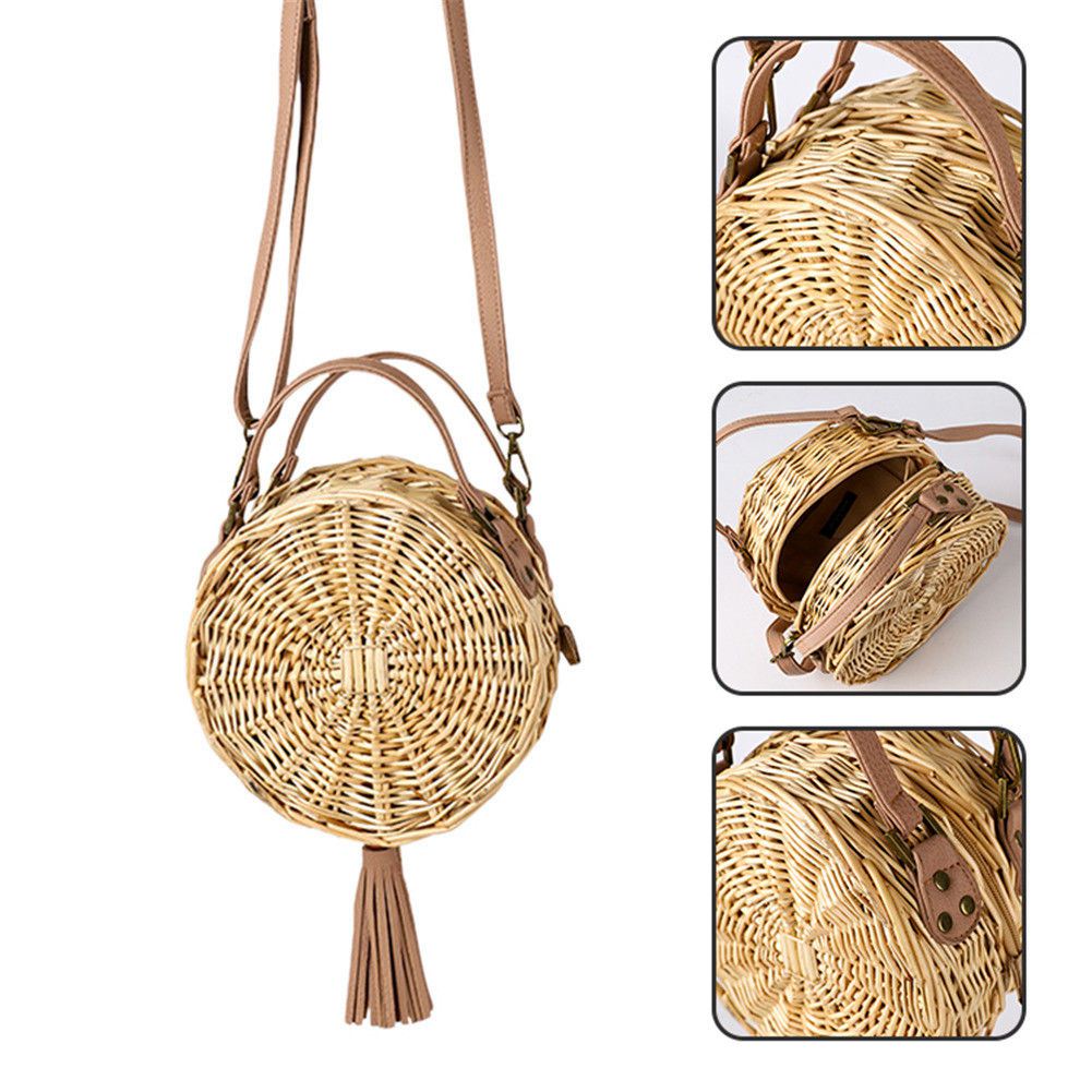 Beach Bag Round Handwoven Rattan Circle Women Bamboo Straw Satchel - ebowsos