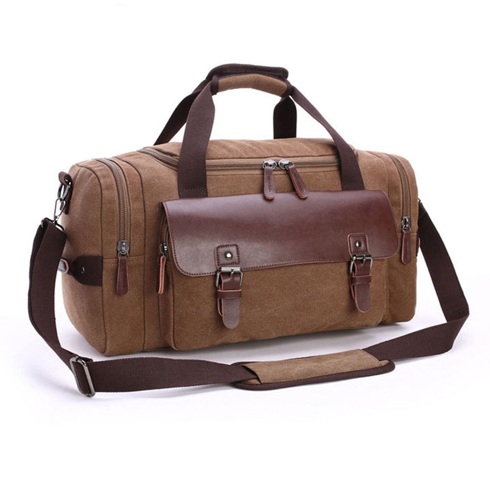 Canvas Leather Travel Bag Men Tote Bag Carry-On Shoulder Handbag Luggage - ebowsos