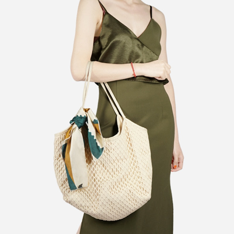 Canvas Mesh Beach Bag New Trend Fashion Canvas Net Bag Female Bag Women Handbag Shoulder Bag - ebowsos