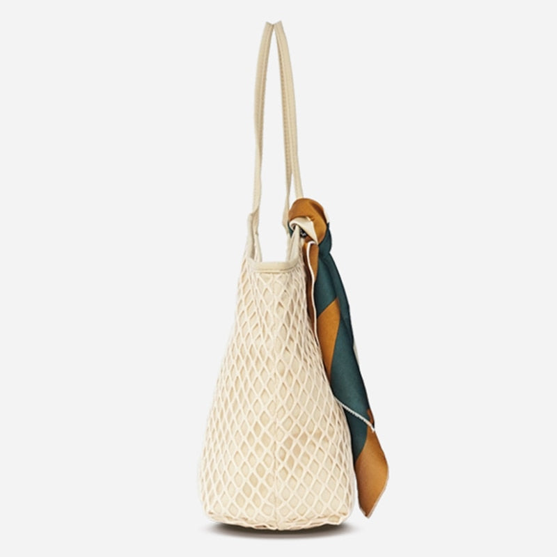 Canvas Mesh Beach Bag New Trend Fashion Canvas Net Bag Female Bag Women Handbag Shoulder Bag - ebowsos