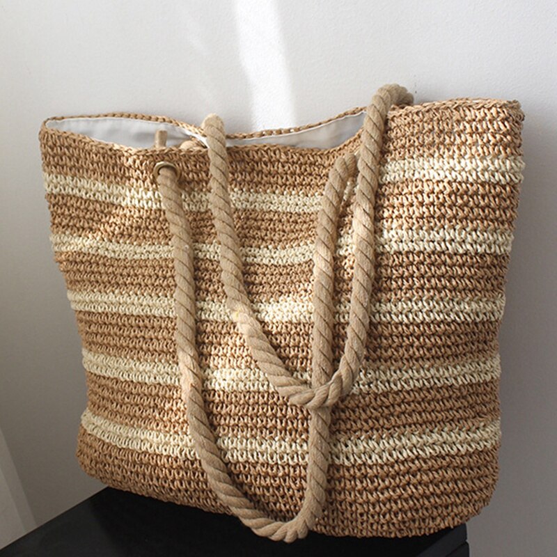 Capacity Net Shopping Bags Cotton Rope Shoulder Bags Weave Knitting Handbag Hollow Out Summer Beach Bags Cheap Straw Bags - ebowsos