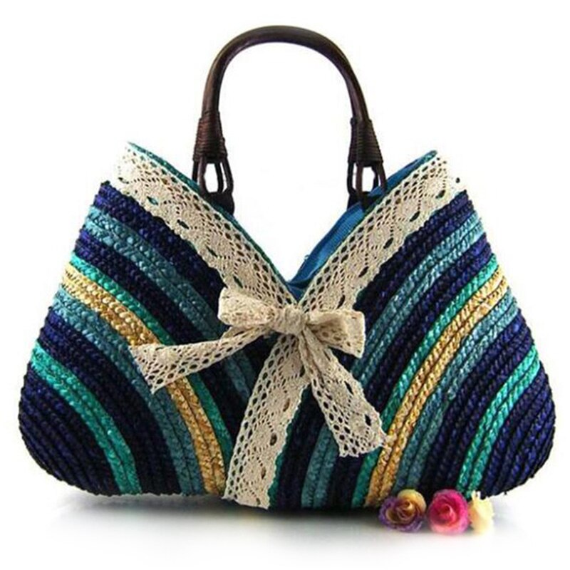 Casual Fashion Bow Rainbow Stripes Lace Bow Bag New Straw Bag - ebowsos