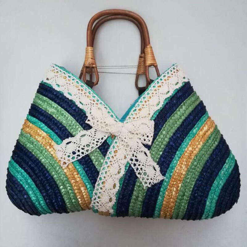 Casual Fashion Bow Rainbow Stripes Lace Bow Bag New Straw Bag - ebowsos